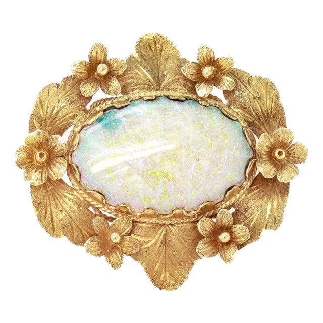 Vintage 14k Gold and Opal Cabochon Floral Brooch For Sale