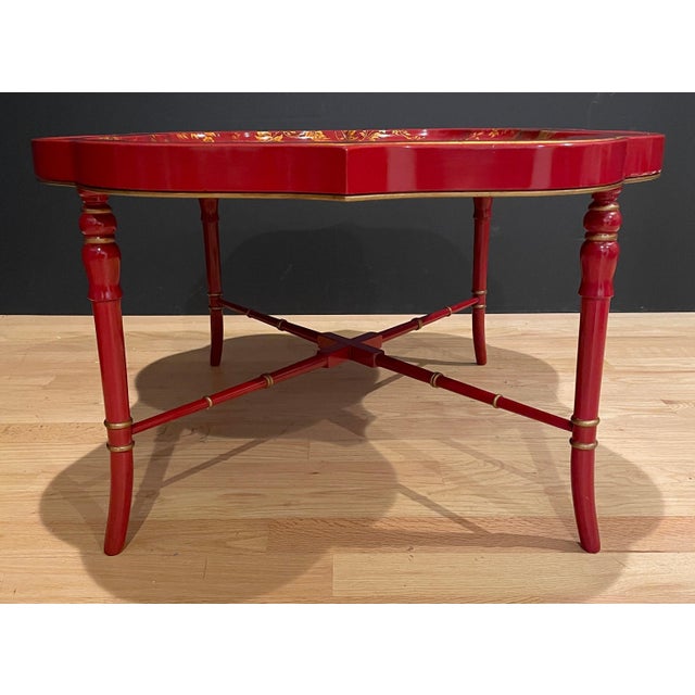 Late 20th Century Faux Bamboo Red Lacquer Chinoiserie Tray Table For Sale - Image 4 of 8