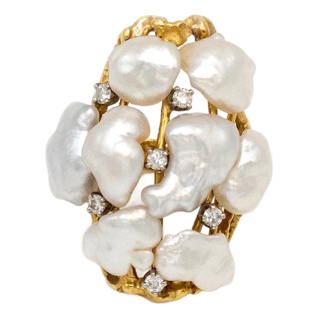 1980s Vintage Cellino 18k Diamond Natural Pearl Cocktail Ring, Size 5.75 For Sale