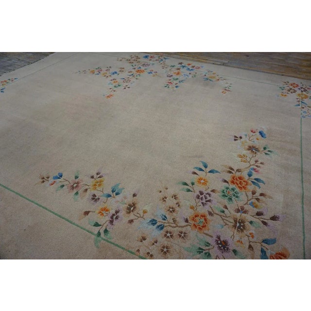 1930s Ivory Floral Modernist Antique Chinese Art Deco Carpet 11' X 13' 9" Knotted Wool Rug For Sale In New York - Image 6 of 11