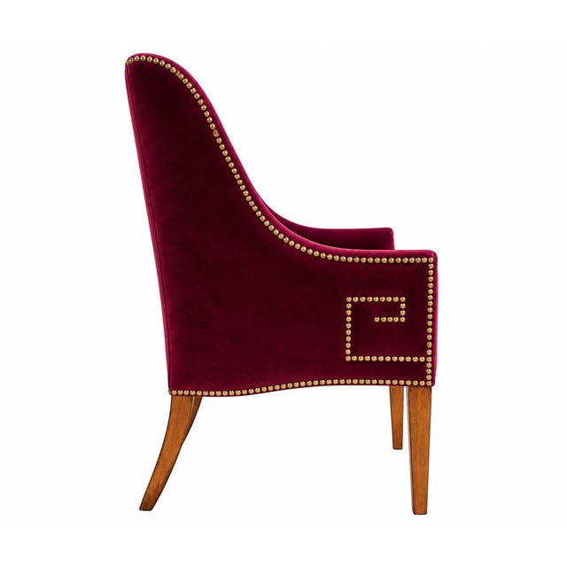 Wood Custom Velvet High-Back Armchairs With Greek Key Nailhead Trim — Pair For Sale - Image 7 of 8