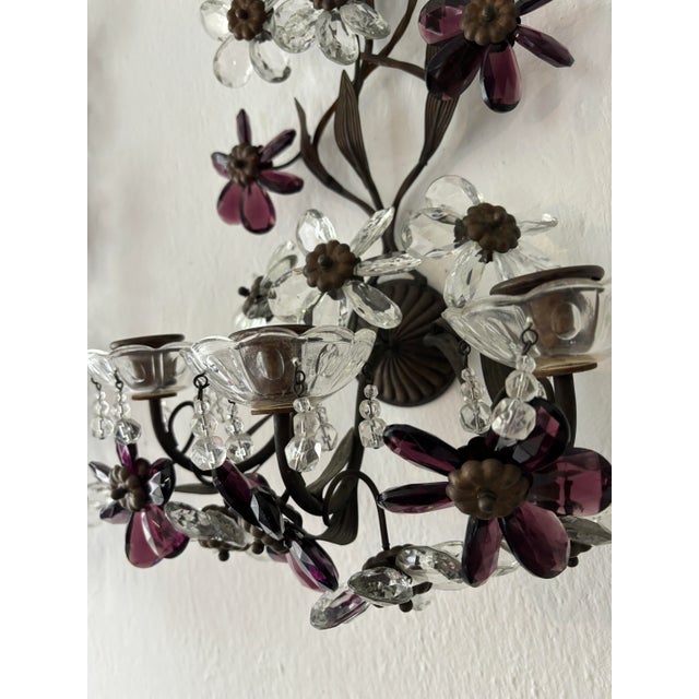 Set of 8 Clear & Amethyst Flower Maison Baguès Crystal Flower Sconces Signed For Sale - Image 10 of 12