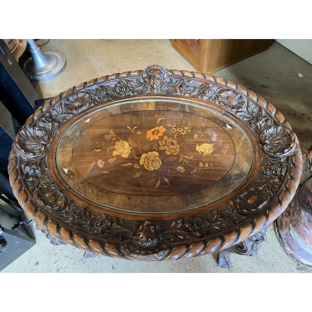Wood 19th Century Oval Victorian/ Renaissance Style Hand Carved Table With Inlay For Sale - Image 7 of 11