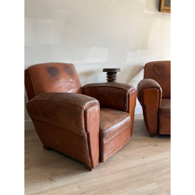 Pair of Two Vintage Oversized French Leather Club Chairs For Sale - Image 14 of 18