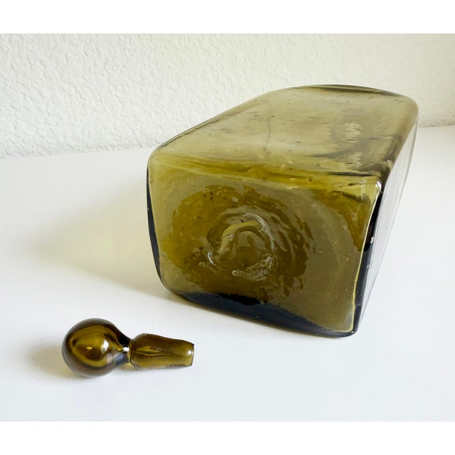 Glass Vintage Olive Green Blown Glass Decanter Bottle For Sale - Image 7 of 7