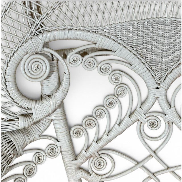 Vintage Boho Chic White Wicker Peacock Fan Back Chairs With Custom Cushions Pair For Sale - Image 14 of 16