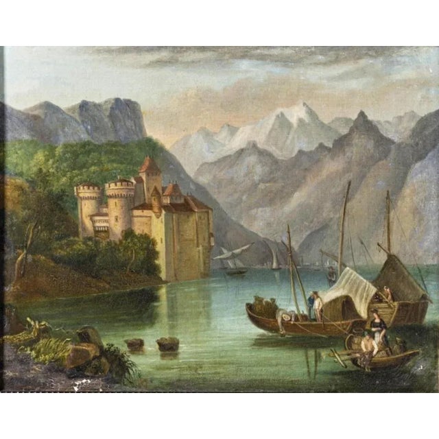 River landscape with castle and boats european school 19th century oil on wood, 19th century european school small...