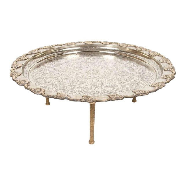 Antique Moroccan Silver-Plated Tea Tray Table on Removable Legs Fez, Circa 1920 For Sale