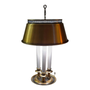 1990s Reproduction 3 Stick French Bouillotte Table Lamp With Bronze Toned Tole Shade