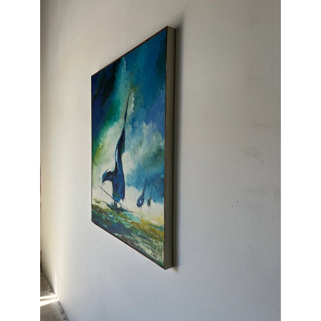 1970s Vintage Read Abstract Sailboats Oil Painting For Sale - Image 4 of 13