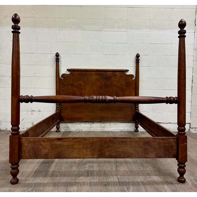 American Antique Full Size American Empire Style Burl Grain Four Poster Bed For Sale - Image 3 of 11