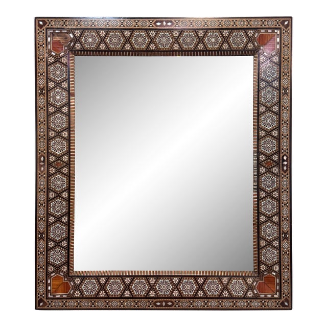 Vintage Marquetry Wood Inlay Mirror With Mother-of-Pearl Details For Sale