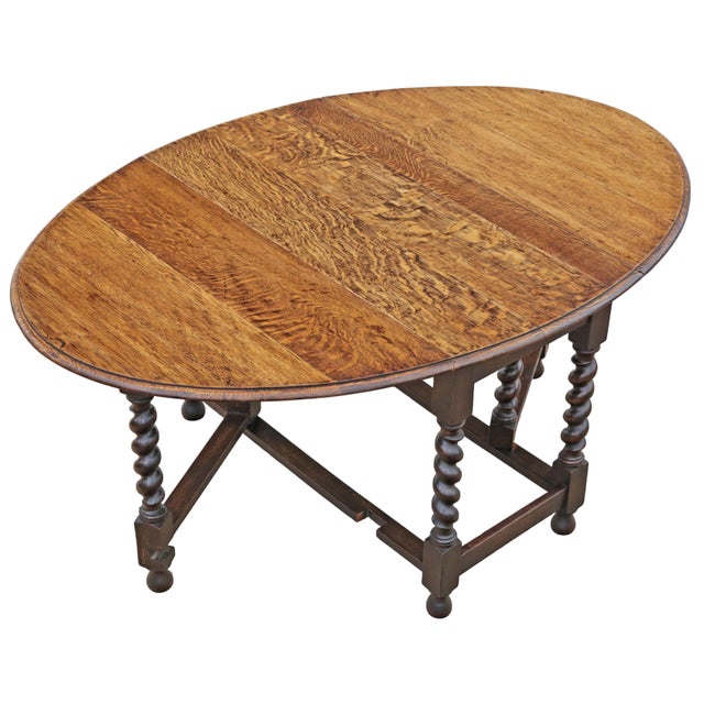 Large Antique Oak Barley Twist Gateleg Drop-Leaf Dining Table, 1920s For Sale - Image 3 of 13