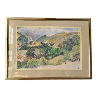 Signed Original Colored Pencil Landscape Drawing – Rolling Green Hills & Valley, Framed, 1980 For Sale