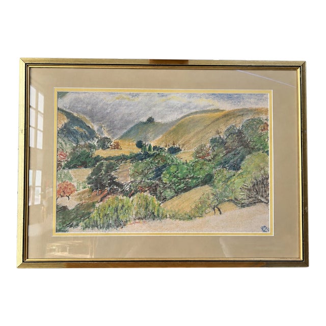 Signed Original Colored Pencil Landscape Drawing – Rolling Green Hills & Valley, Framed, 1980 For Sale