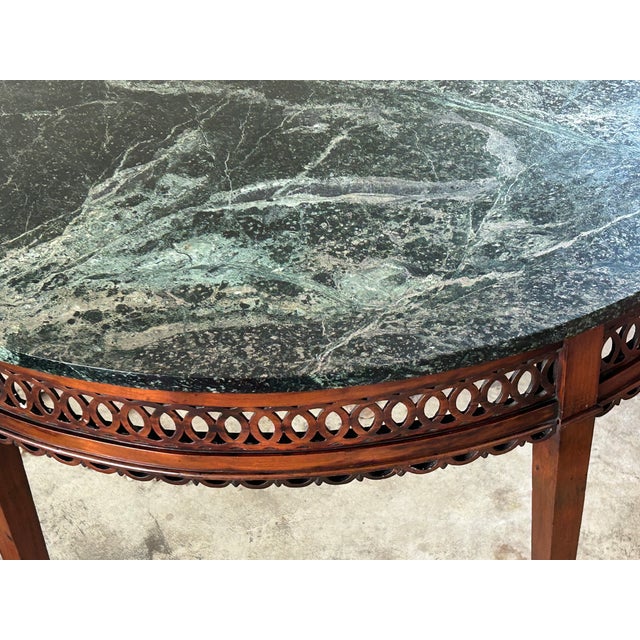 Massive Antique Demilune Mahogany Console Table With Green Marble Top – Louis XVI Neoclassical / George III Style Entryway Fretwork Accent Table For Sale - Image 12 of 12