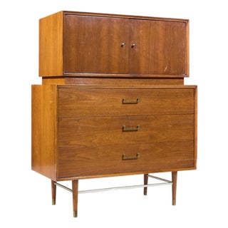 Paul McCobb Style Furnette Mid Century Walnut and Brass Highboy Dresser For Sale