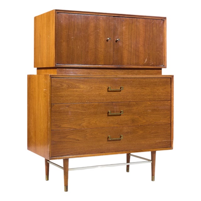 Paul McCobb Style Furnette Mid Century Walnut and Brass Highboy Dresser For Sale