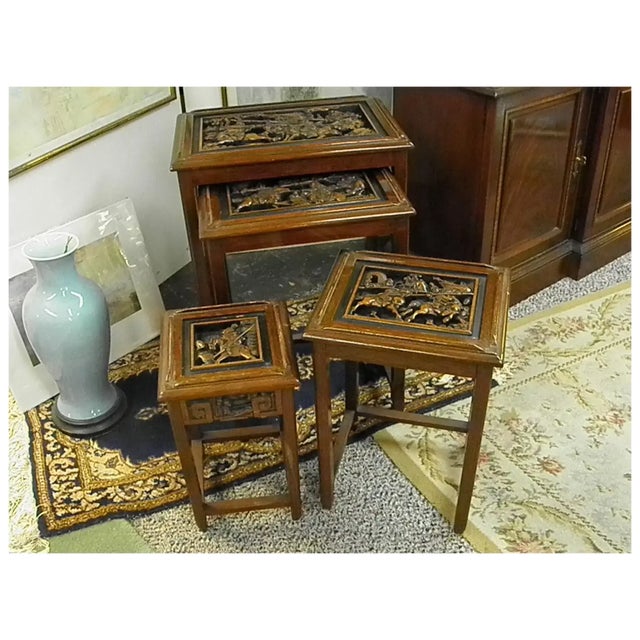 Mid 20th Century Heavily Carved Wood Asian Nesting Tables Set of 4 For Sale - Image 4 of 10