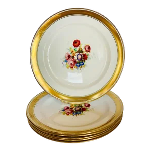 English Antique 1920s Gold Rimmed Botanical ‘Pareek’ Luncheon Plates by Johnson Brothers, Pattern Jb362- Set of 6