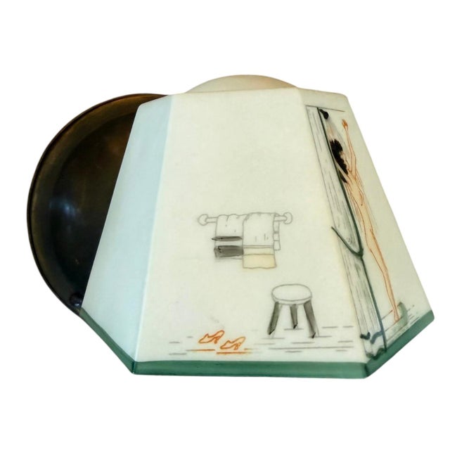 Mid-Century Modern Early 20th Century Rare Mid Century Hand Painted Girl in Shower Wall Sconce For Sale - Image 3 of 8