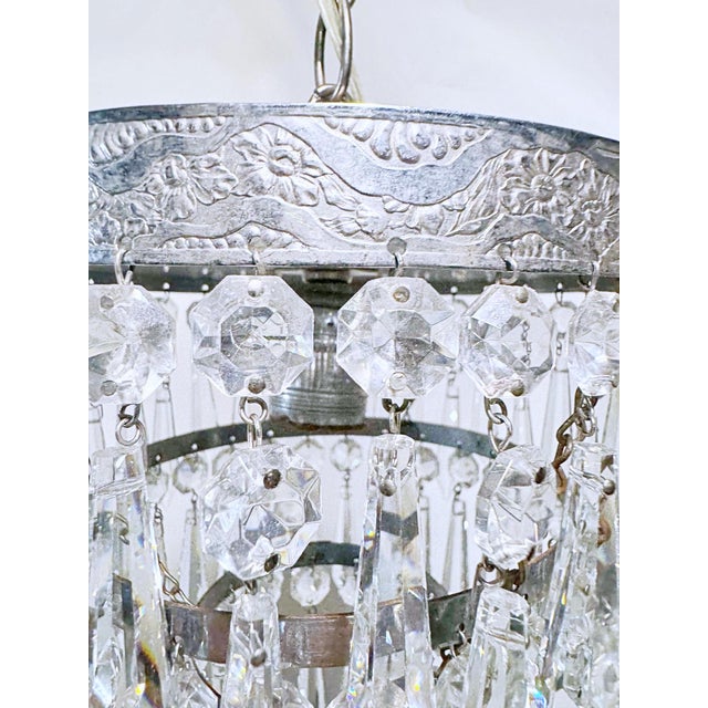 1950s Vintage Silver Crystal Chandelier With Ornate Floral Band and Tiered U-Drop Prisms For Sale - Image 5 of 8