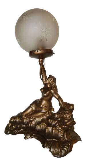 Gold-Tone Nude Grecian Female Speleter Lamp W/ Cut Crystal Globe