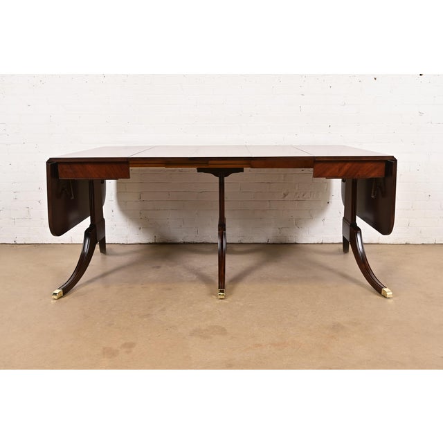 Wood Drexel Regency Carved Mahogany Drop-Leaf Triple Pedestal Extension Dining Table, Newly Refinished For Sale - Image 7 of 17