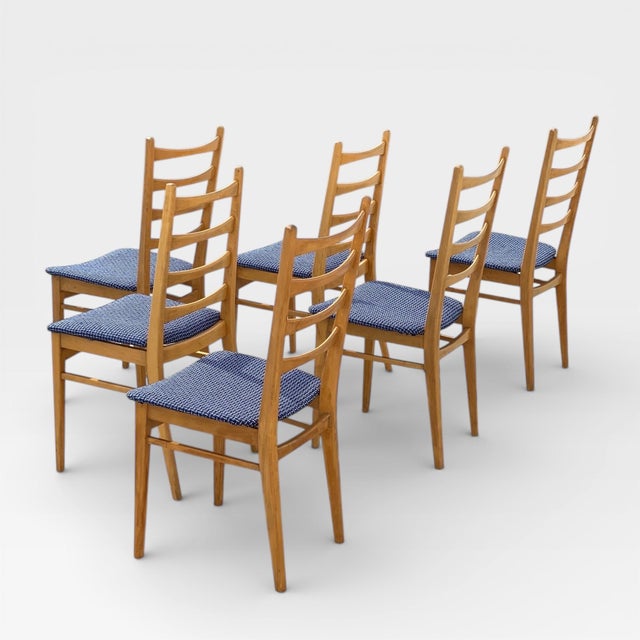 Brown Set of Six Mid-Century Modern Ladderback Dining Chairs With New Upholstery For Sale - Image 8 of 18