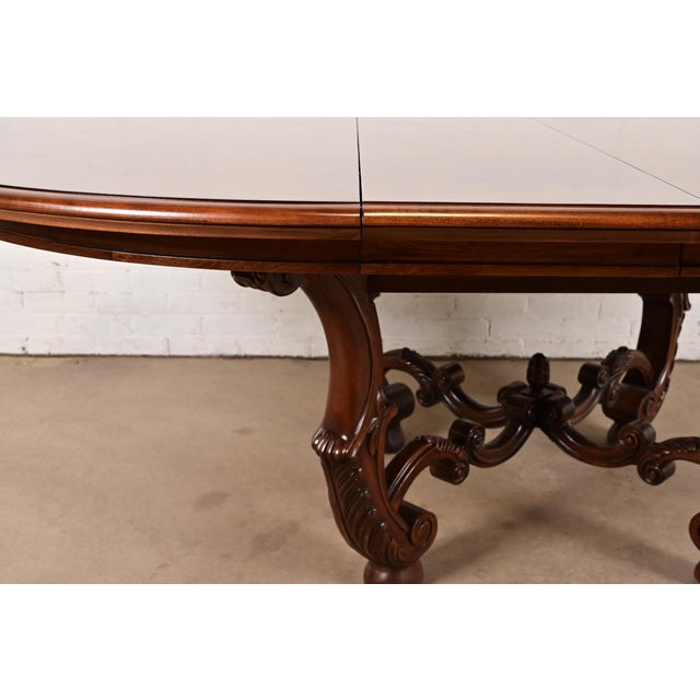 Henredon Italian Provincial Carved Walnut and Burl Wood Pedestal Extension Dining Table, Newly Refinished For Sale - Image 10 of 14