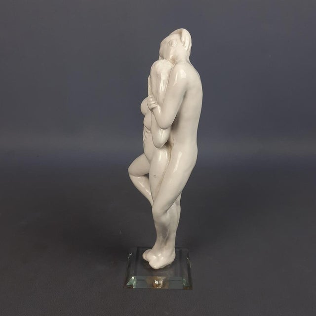 Vintage Ceramic Sculpture of Couple in Love with Glass Base, 1970s For Sale - Image 6 of 16