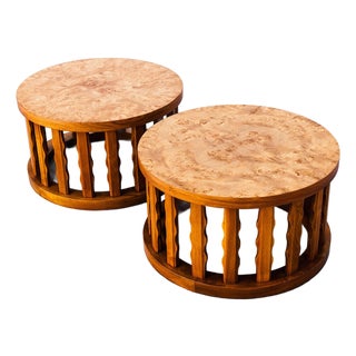 Vintage Mid Century Walnut & Burl Drum Side Tables by Cal Mode For Sale