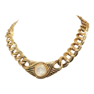 Vintage Signed Monet Goldtone Cabochon Faux-Moonstone Collar Necklace