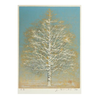 1974 Joshi Hoshi White Gold Tree Woodblock Print For Sale