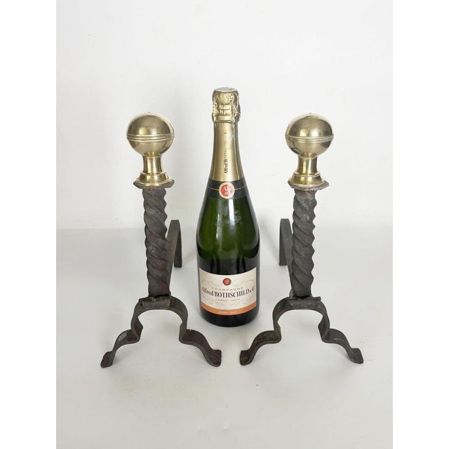 Rustic Andirons in Cast Iron and Brass, Black and Gold, France, 1960s, Set of 2 For Sale - Image 3 of 12