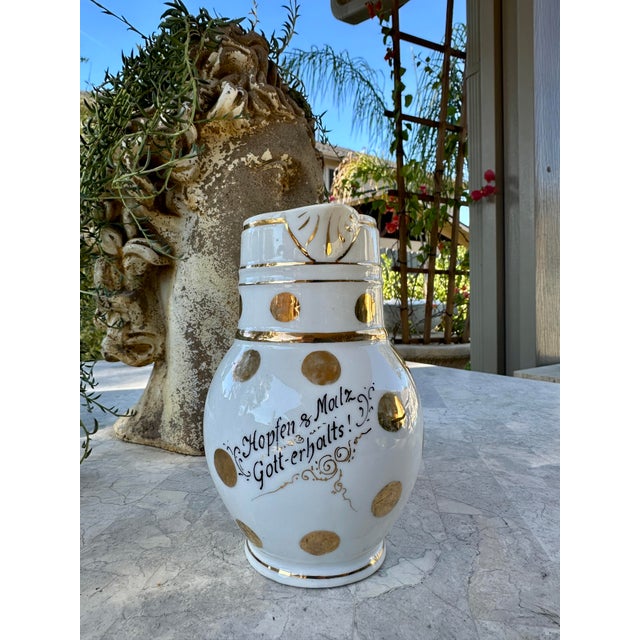 Antique German Porcelain Beer Stein Pitcher With Gilt Decoration For Sale - Image 4 of 8