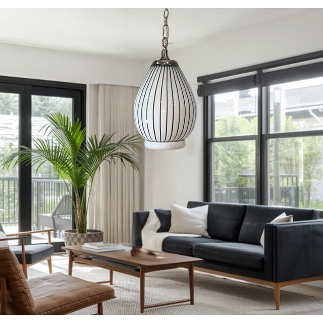 Vintage Murano Striscia Art Glass White Oval Pendant Light With Black Stripes For Sale - Image 16 of 18