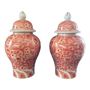 Coral & White Chinoiserie Dragons Temple Ginger Jars 25" H Set of Two