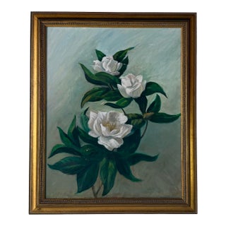 1970s Vintage Floral Still Life - White Blossoms Oil on Canvas Painting – Framed For Sale