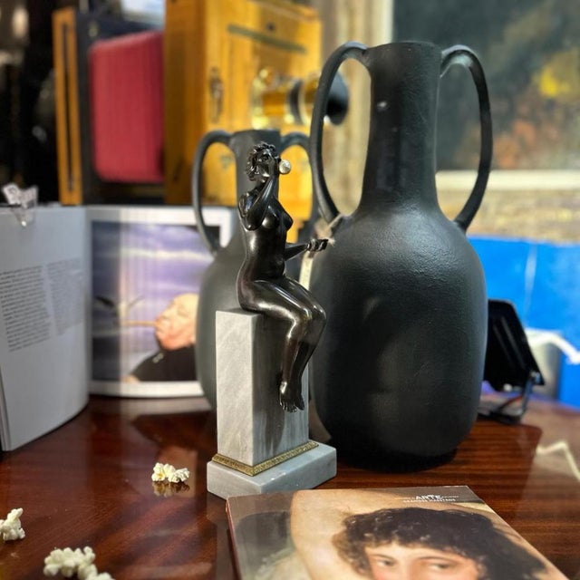 Metal German Artist, Art Nouveau Woman Blowing Bubbles, Bronze and Marble, 1920s For Sale - Image 7 of 18