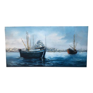 1970s Painting of SailBoats on the Mediterranean With Mosque For Sale