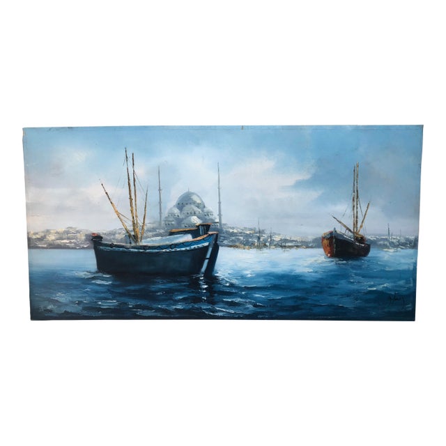 1970s Painting of SailBoats on the Mediterranean With Mosque For Sale