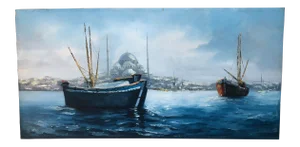 1970s Painting of SailBoats on the Mediterranean With Mosque