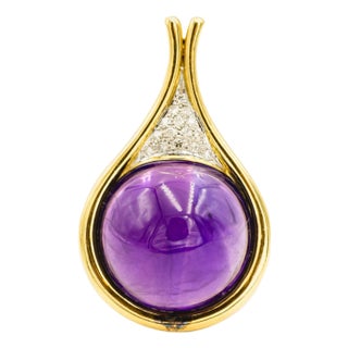 Late 20th Century Large Amethyst Diamond 18k Gold Teardrop Pendant For Sale