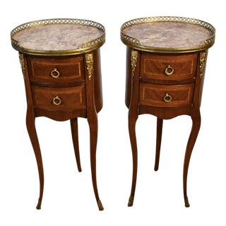 1880 Antique French Louis XV Walnut Inlaid Marble Top Nightstands Bedside Tables For Sale