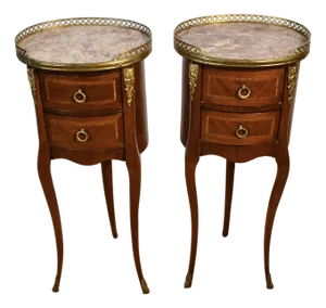 1880 Antique French Louis XV Walnut Inlaid Marble Top Nightstands Bedside Tables