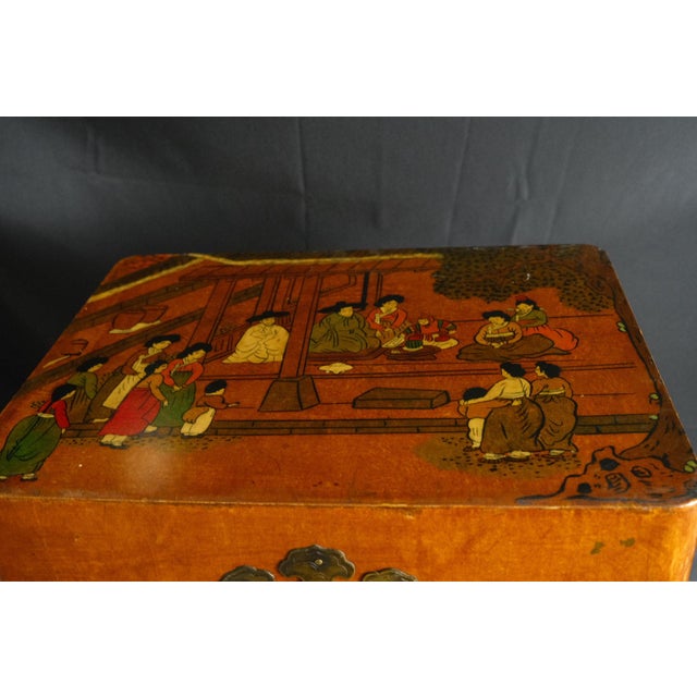 Korean Scholar’s Document Chest – Hand-Painted Yangban Scene With Hanja Script Interior For Sale - Image 10 of 11