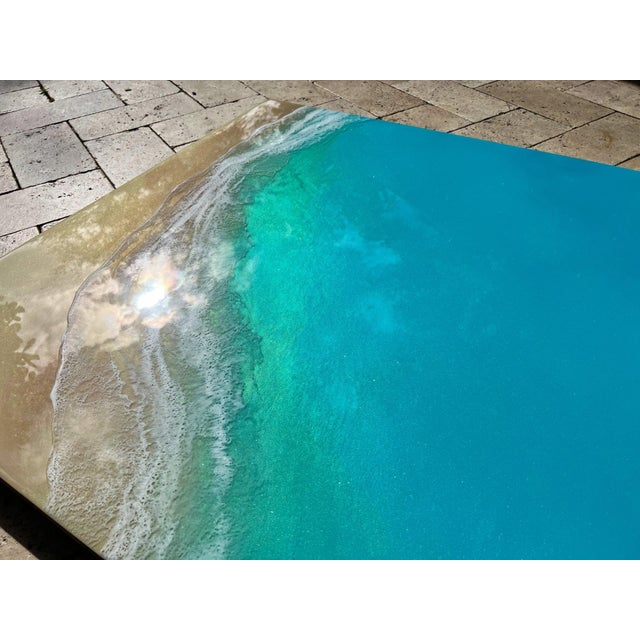 Everglowing Ocean by Ana Hefco | Layered tinted resin on wood panel Abstract ocean view with sandy shore. For Sale - Image 4 of 5