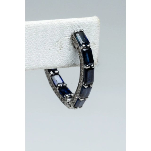 Modern Blue Sapphire v-Shaped and Diamond Inside Out Hoops For Sale - Image 3 of 5