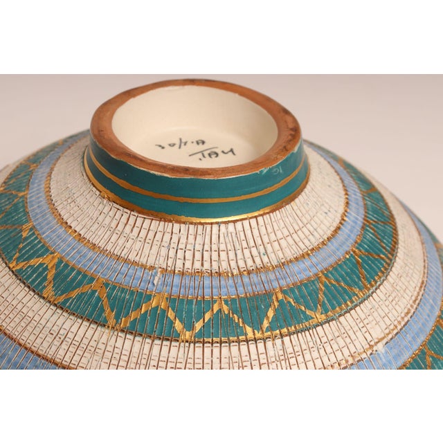 Large Teal and Gilt Ceramic "Seta" Pedestal Bowl by Aldo Londi for Bitossi Italy For Sale - Image 15 of 16